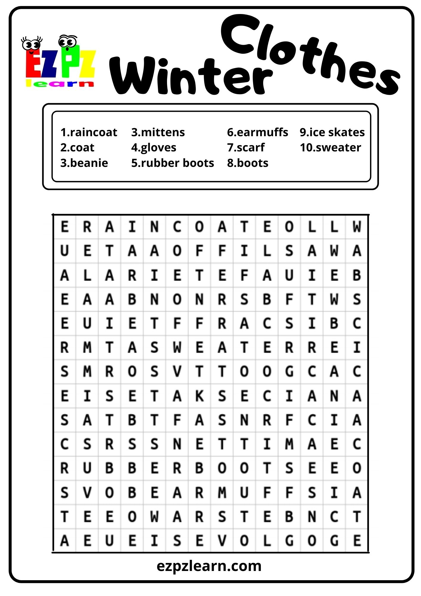 clothes winter word search ezpzlearn