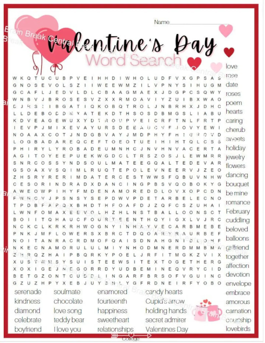 Valentine's Day Printable Word Search