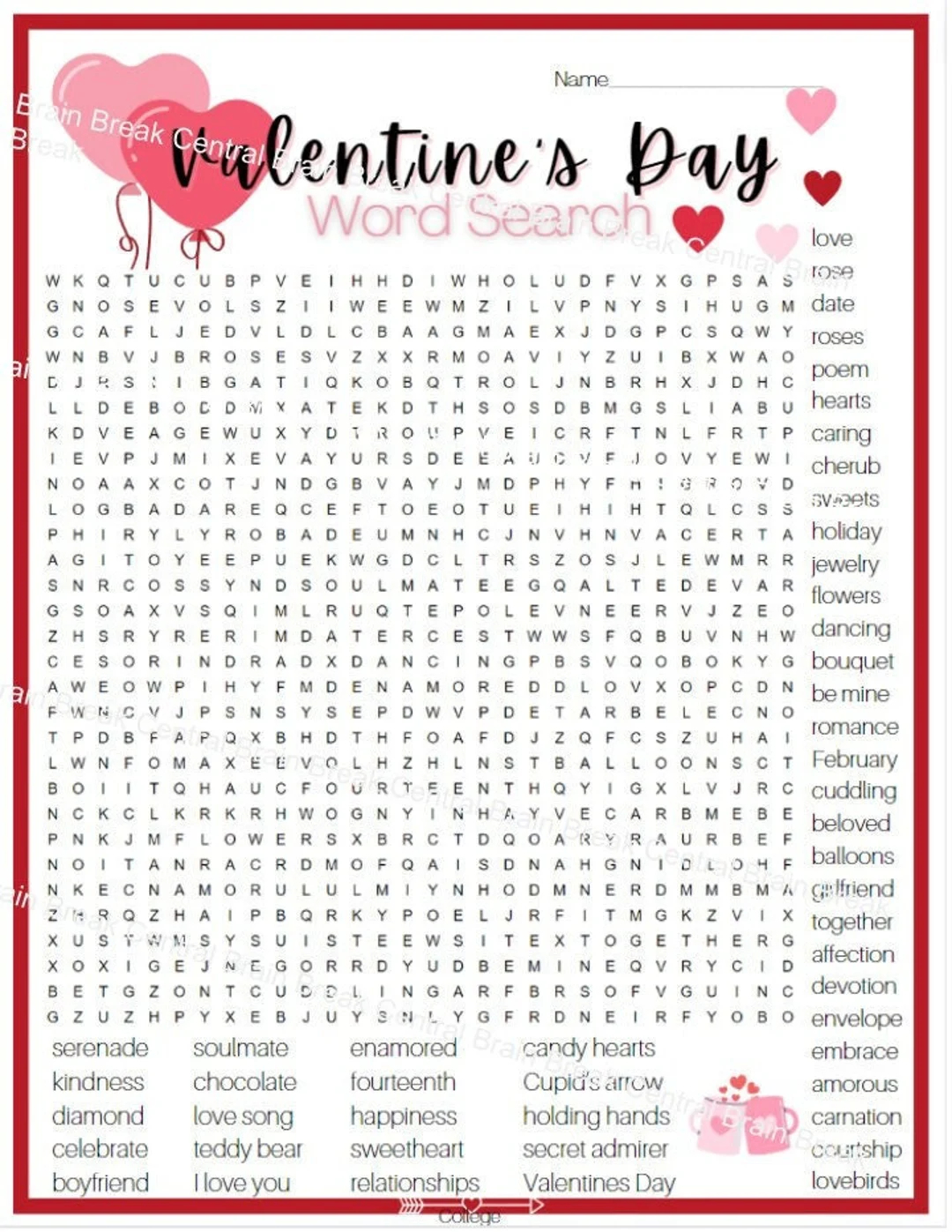 college adult valentine s day word search with answer key printable etsy