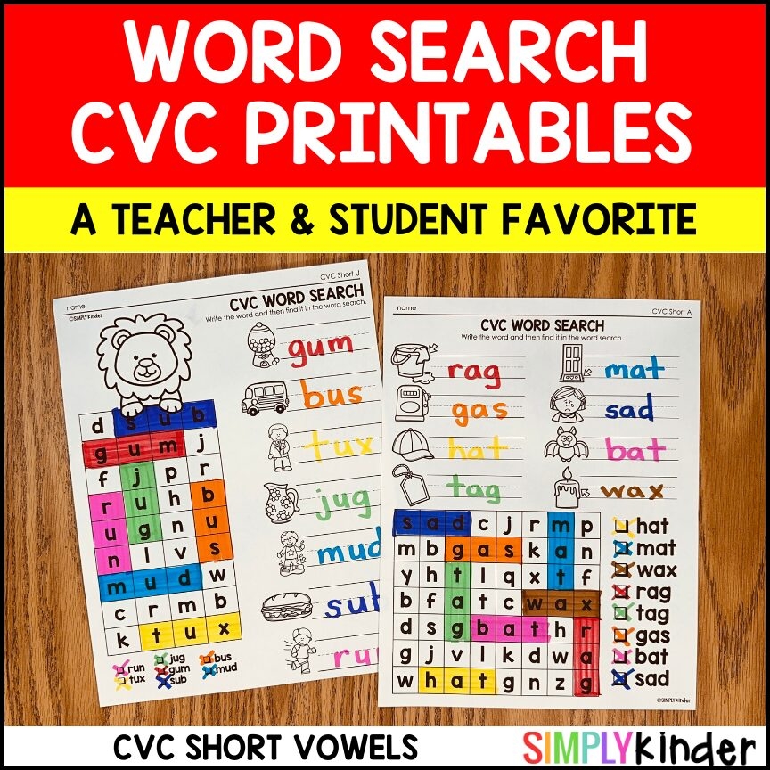 CVC Words Word Search Worksheets Kindergarten Morning Work Centers Simply Kinder