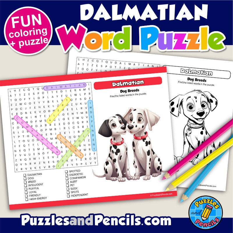 Dalmatian Word Search Puzzle Activity Page And Coloring Dog Breeds Made By Teachers