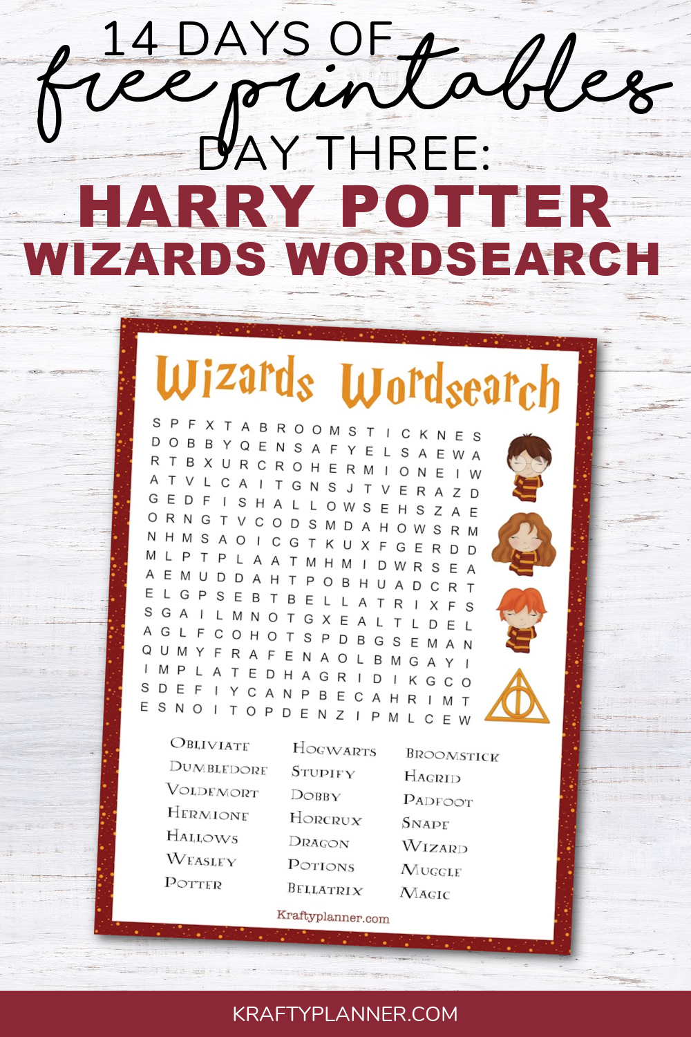 DAY 3 Free Printable Harry Potter Wizards Wordsearch Krafty Planner