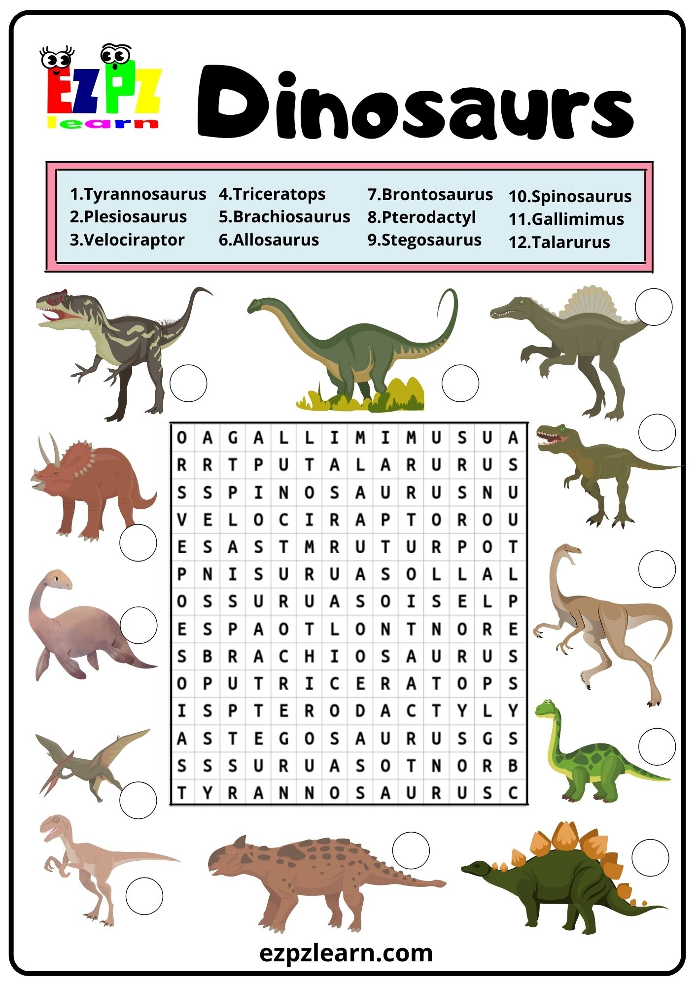 Dinosaurs Word Search 2 Ezpzlearn