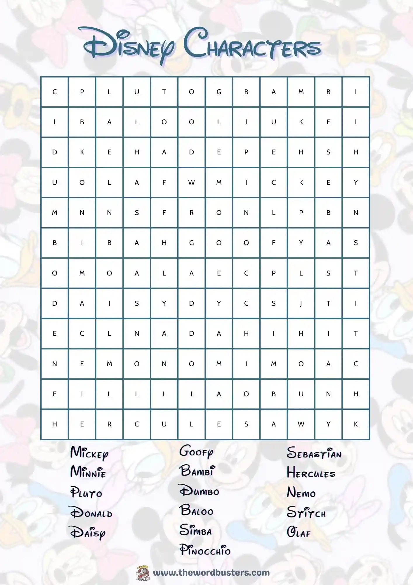  Disney Characters Word Search Printable Free