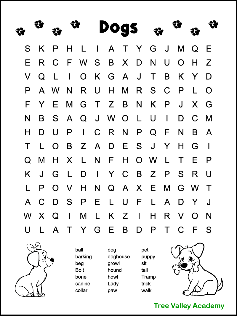 dog themed word search for kids tree valley academy