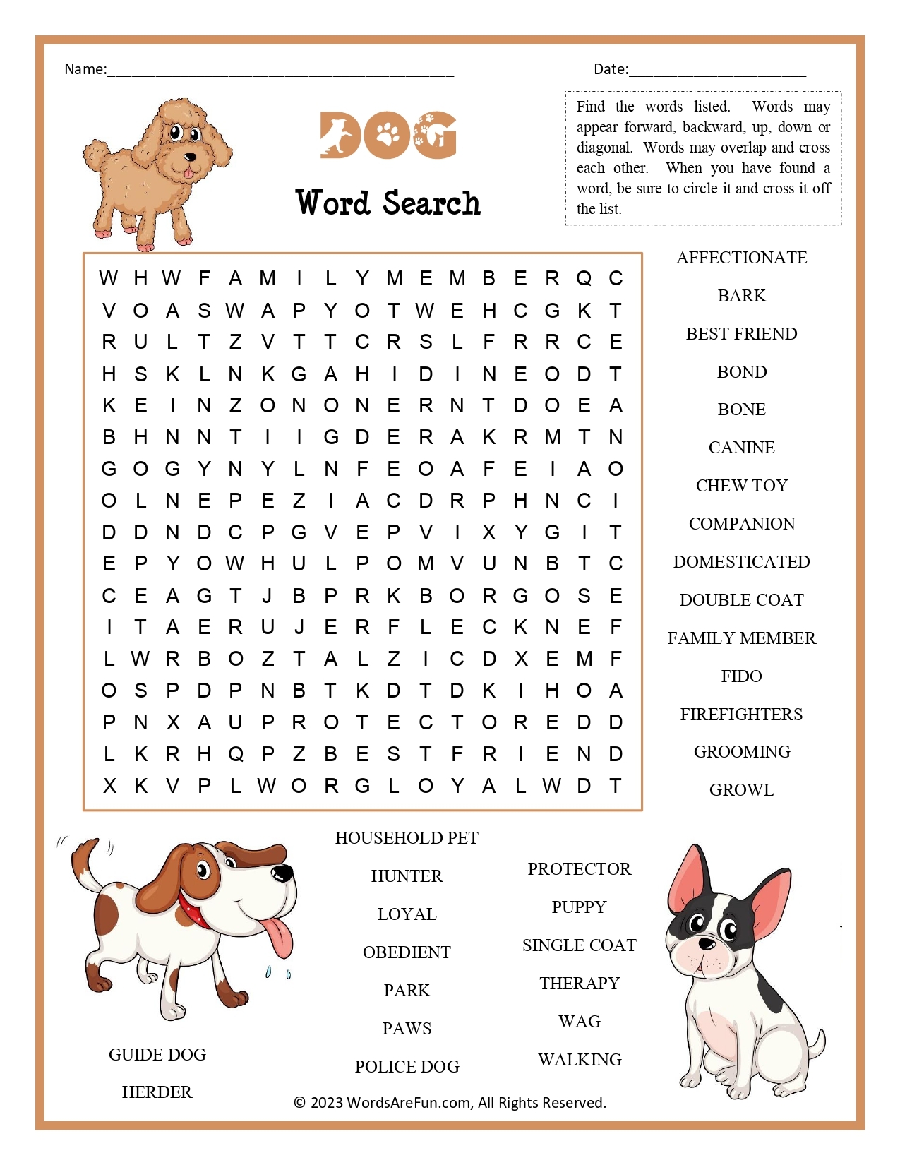 dog word search for kids