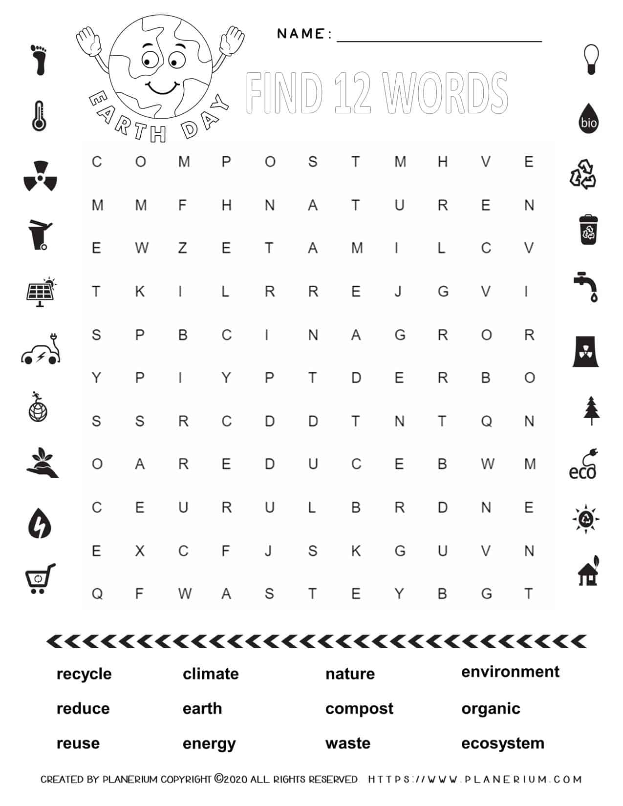 earth day word search puzzle with twelve words planerium
