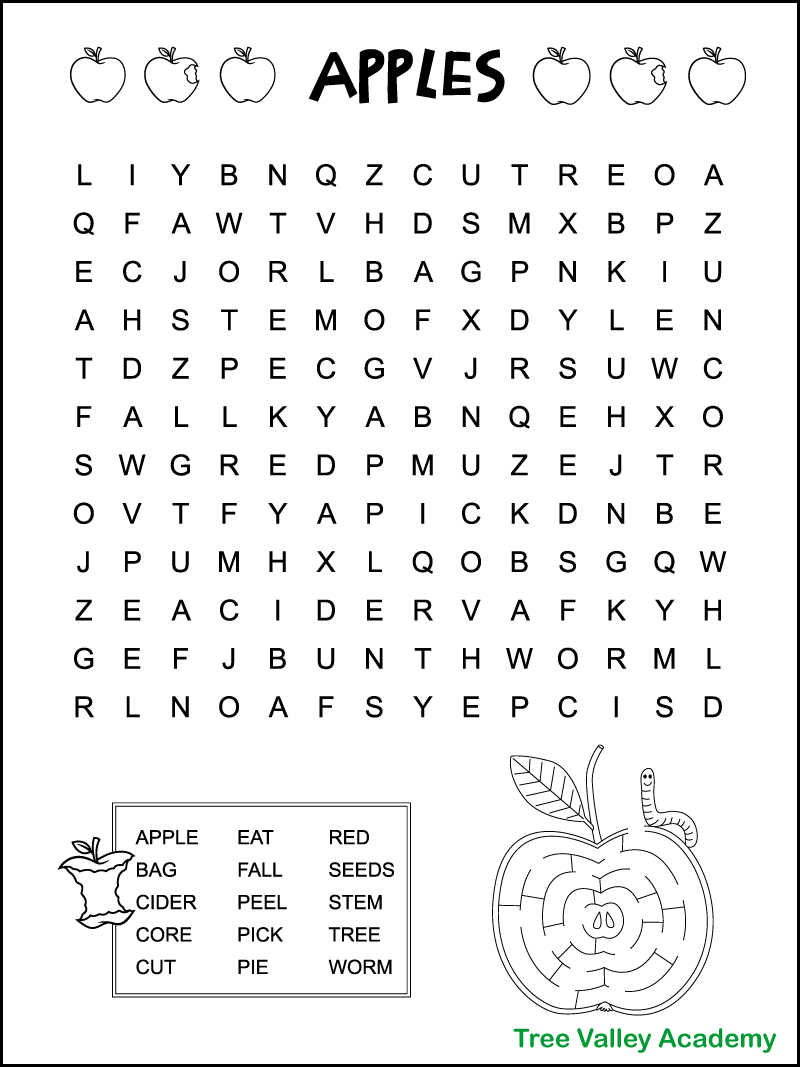 easy apple word search for kids tree valley academy