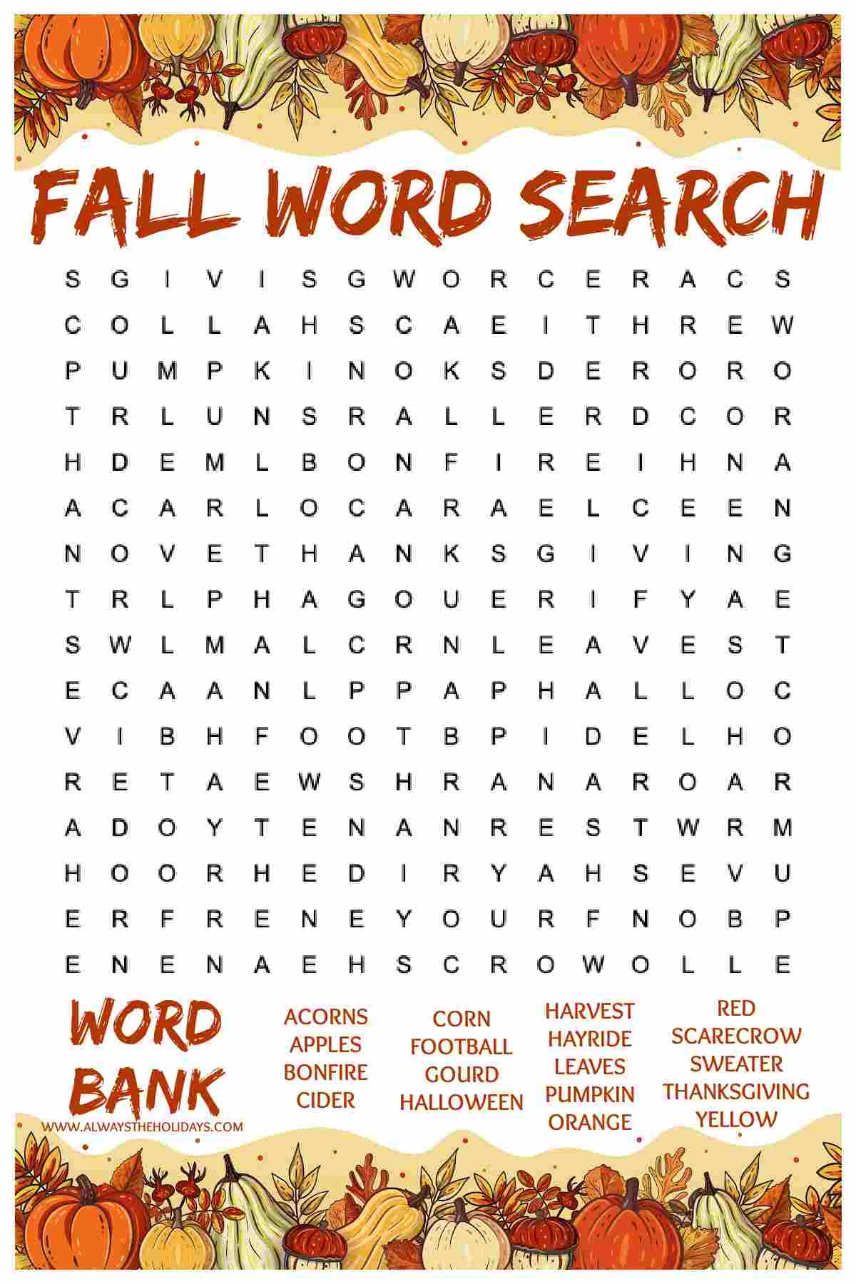 Fall Word Search Free Printable