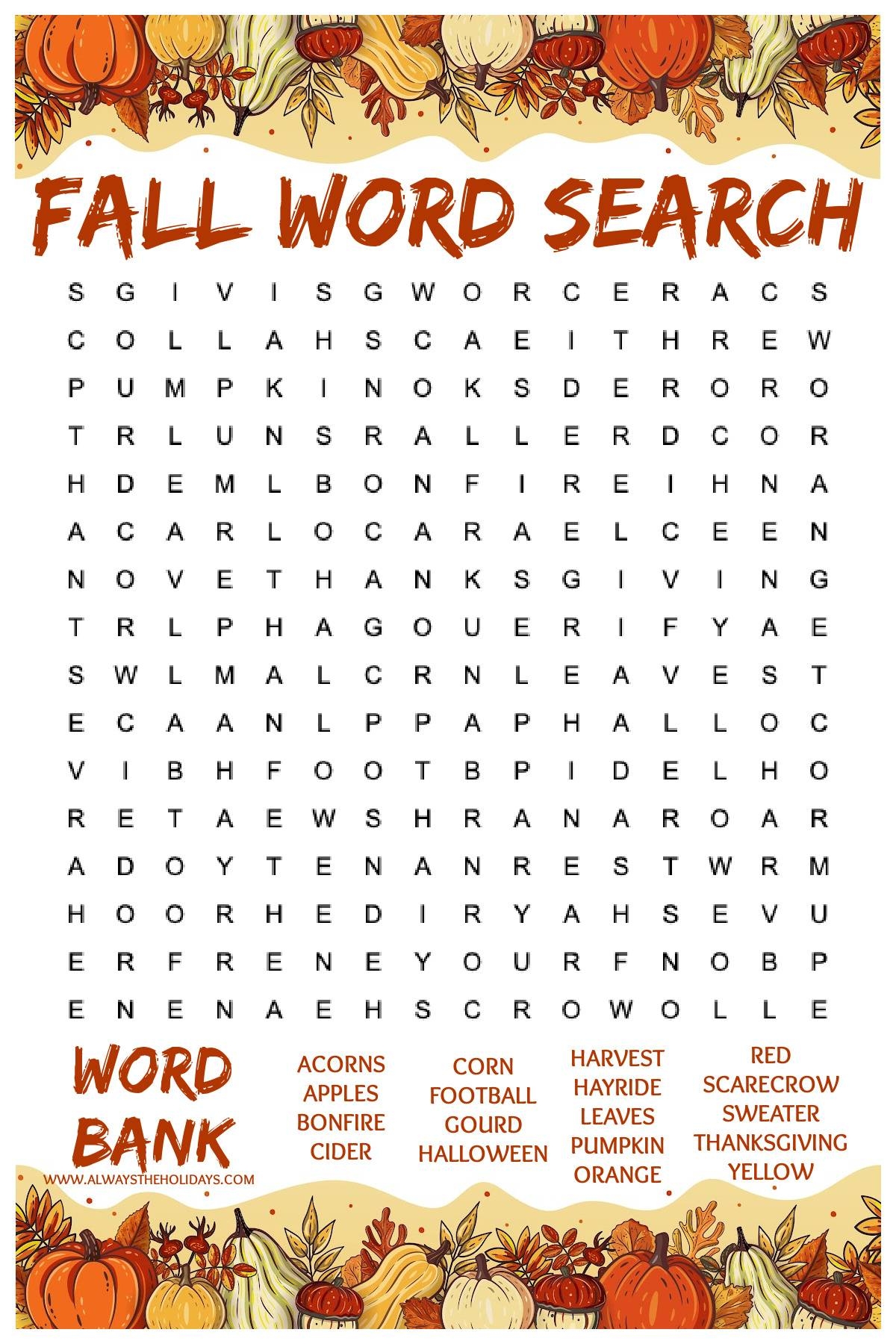 easy fall word search printable free word find with answers worksheets library