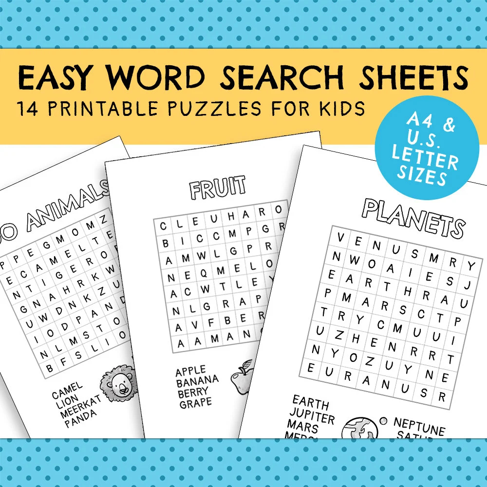 easy word search sheets for kids 14 printable puzzles instant digital download children s activity bundle etsy