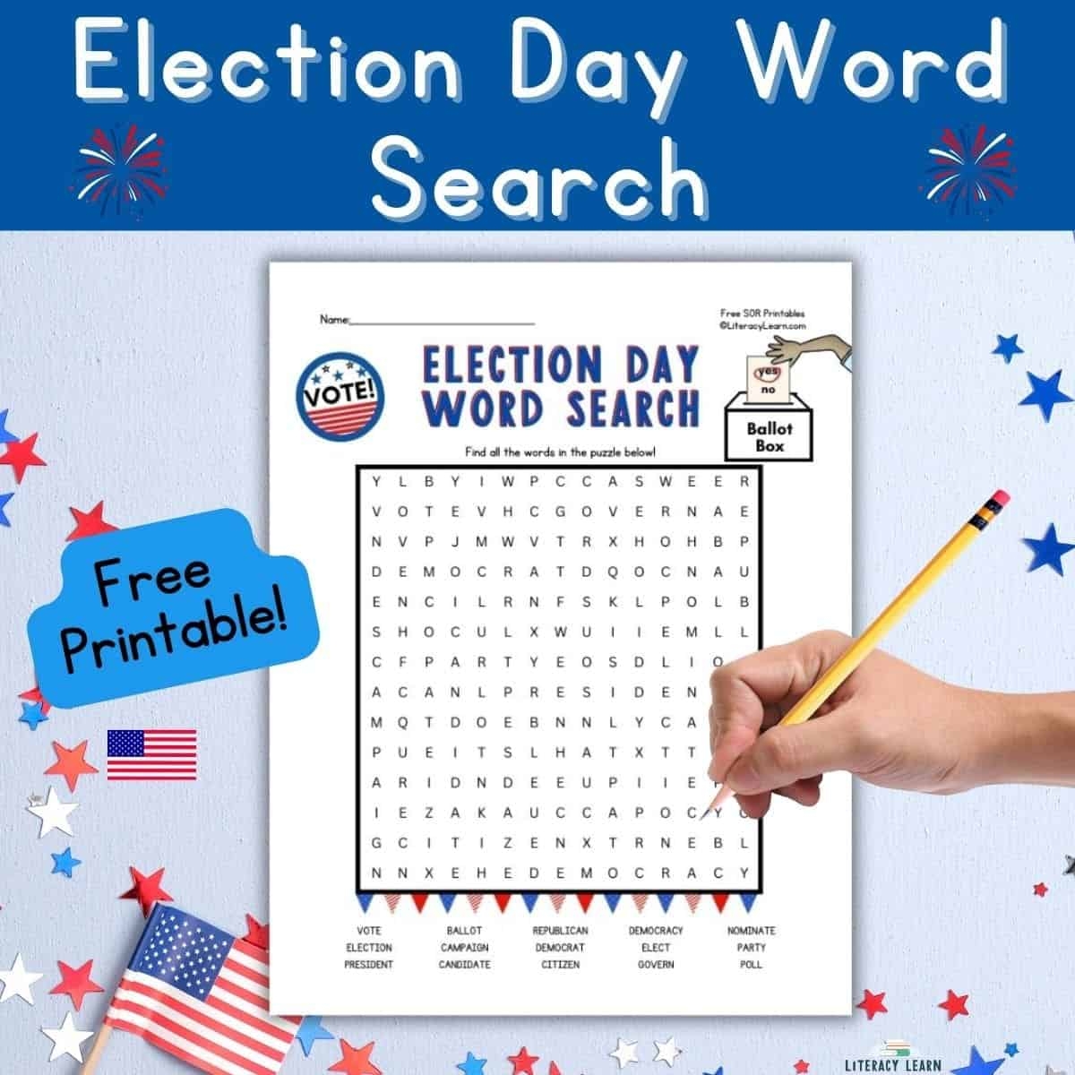 election day word search free printable literacy learn