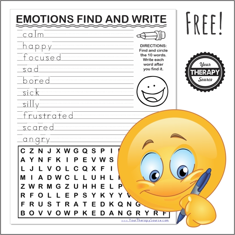 emotions word search and handwriting activity free printable your therapy source