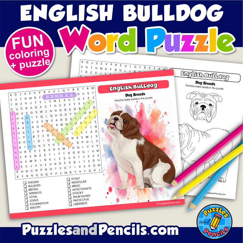 english bulldog word search puzzle activity page and coloring dog breeds made by teachers