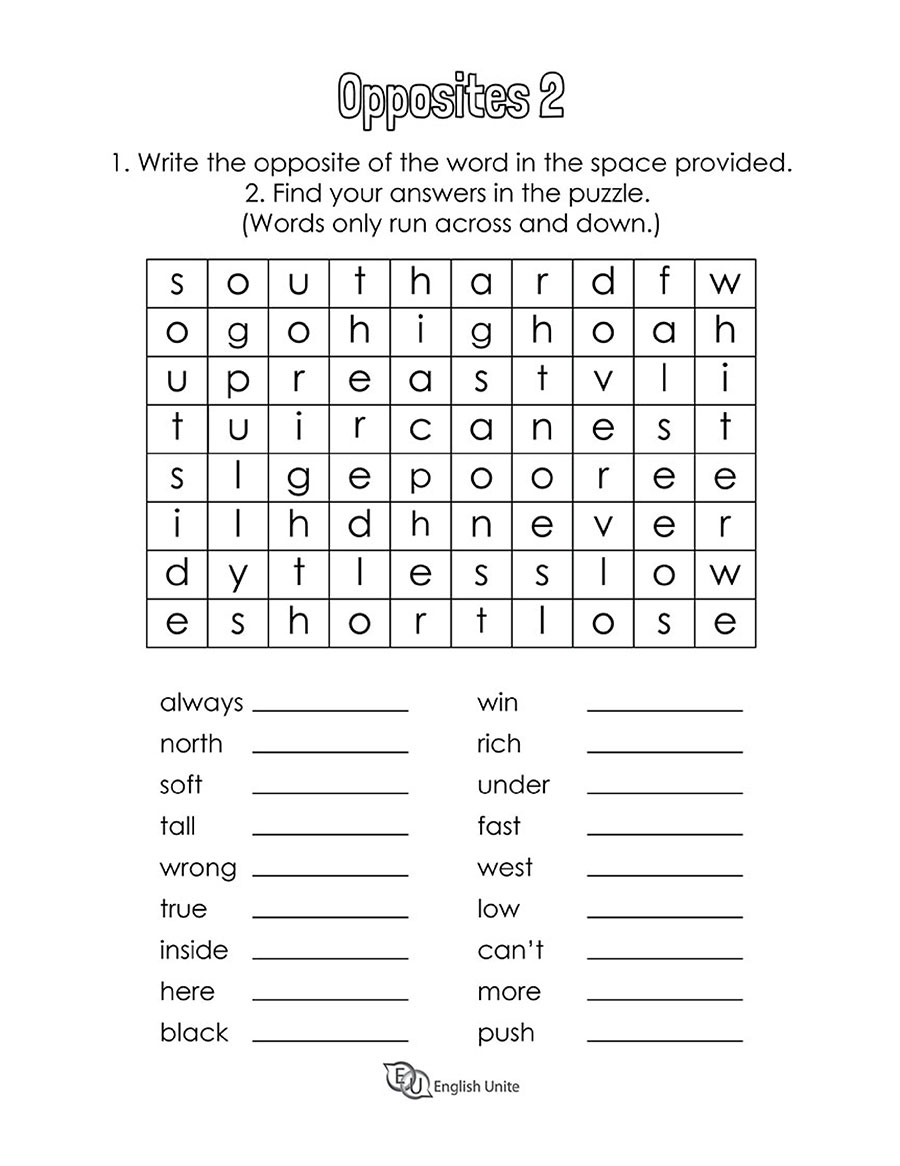 English Unite Opposites Word Search Puzzle 2
