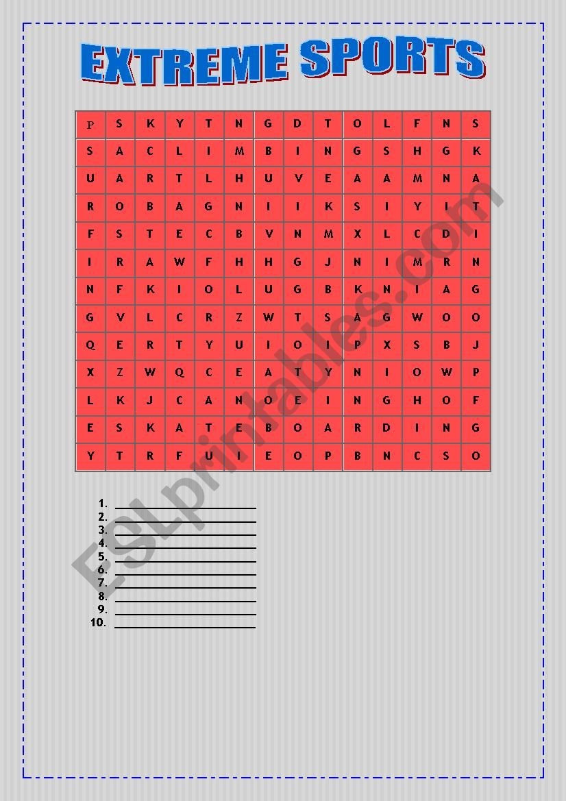 EXTREME SPORTS Word Search ESL Worksheet By Luciamisiani