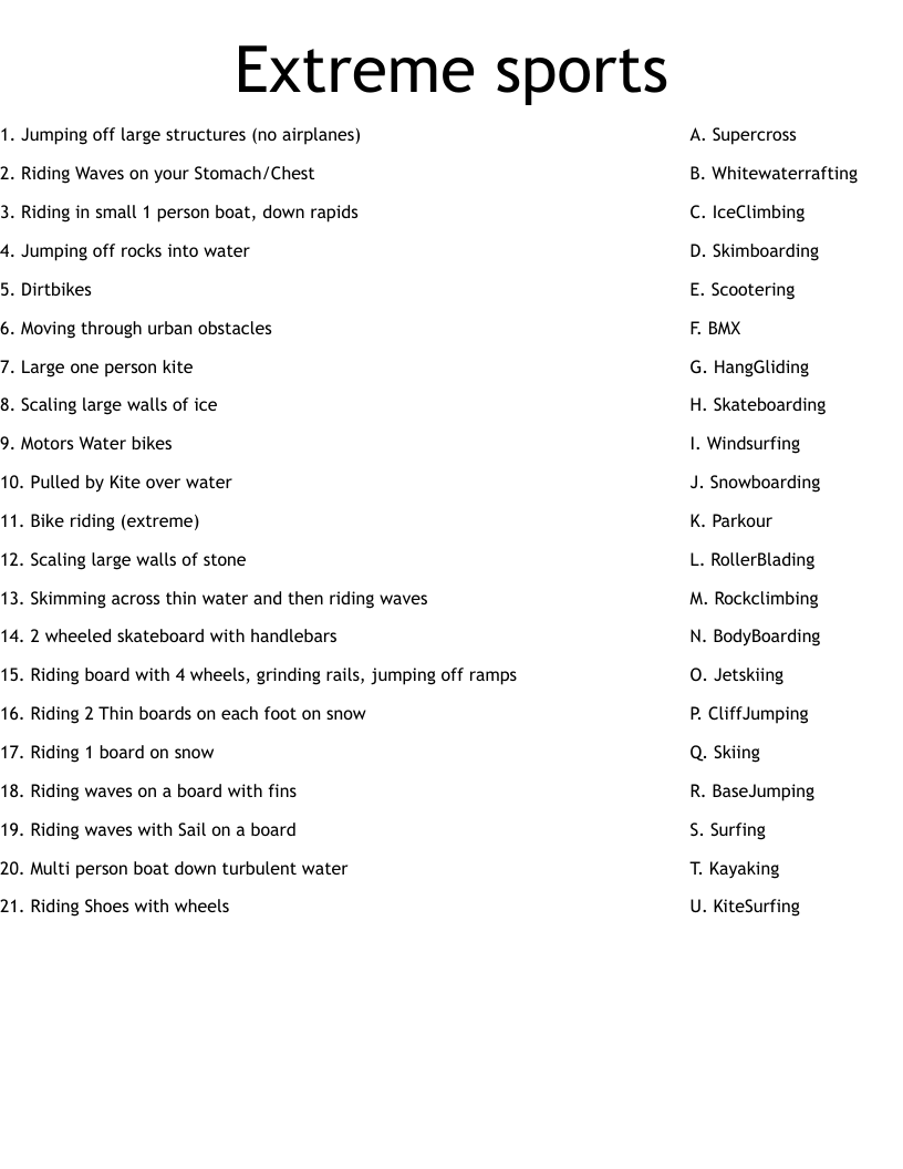 Extreme Sports Word Search WordMint