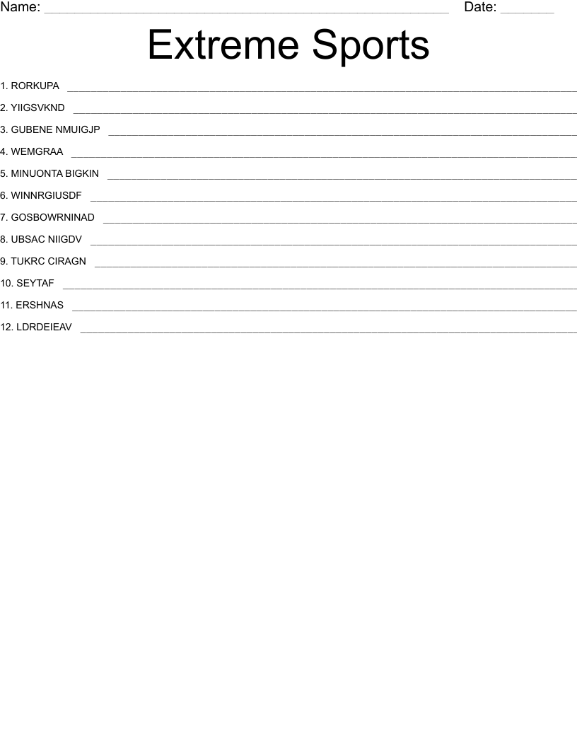 Extreme Sports Word Search