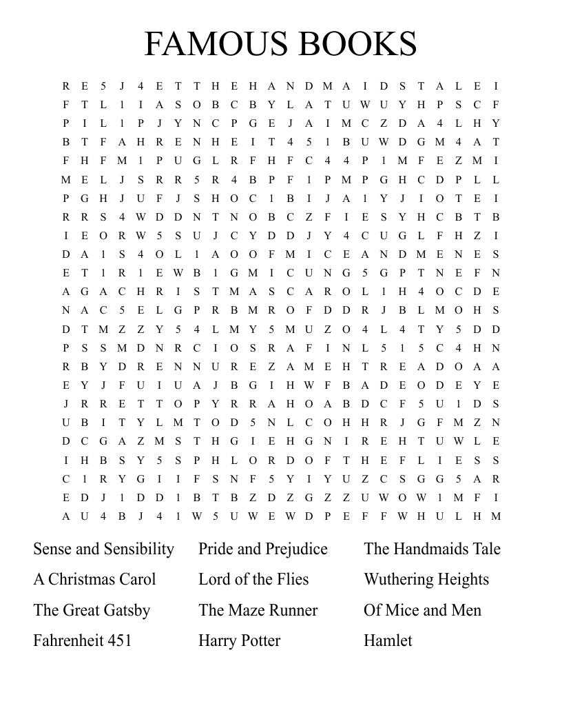famous books word search wordmint