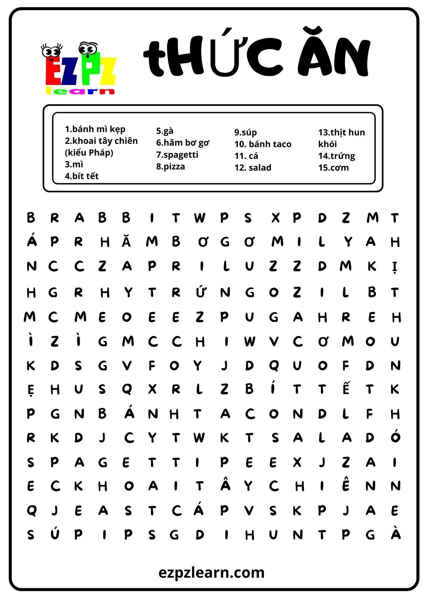 fast food word search ezpzlearn