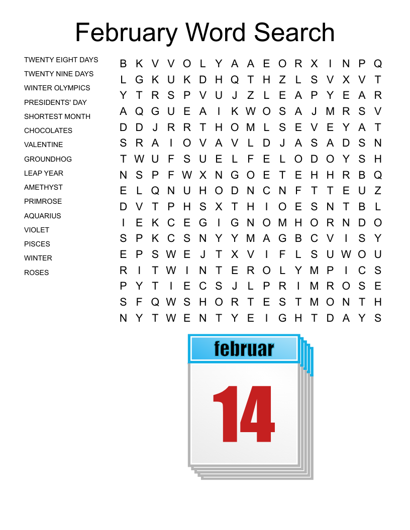 February Word Search WordMint