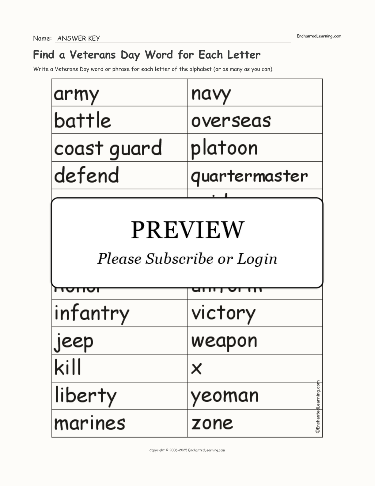 Find A Veterans Day Word For Each Letter Enchanted Learning