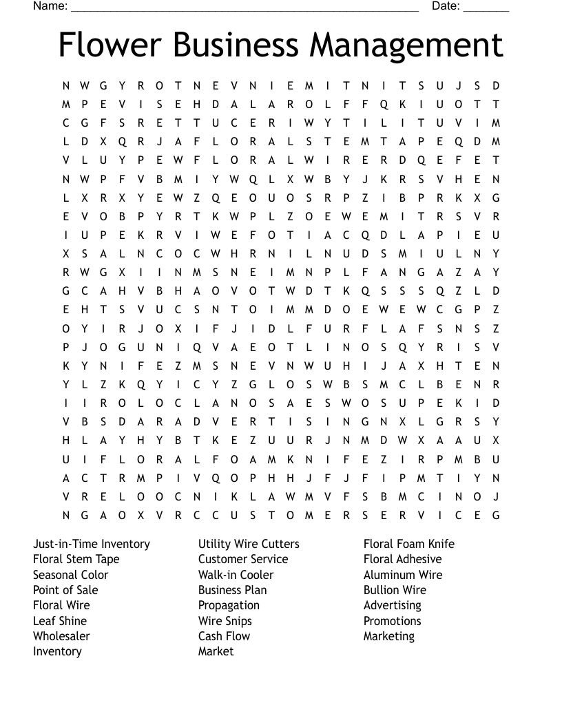 Floral Design Tools Word Search WordMint