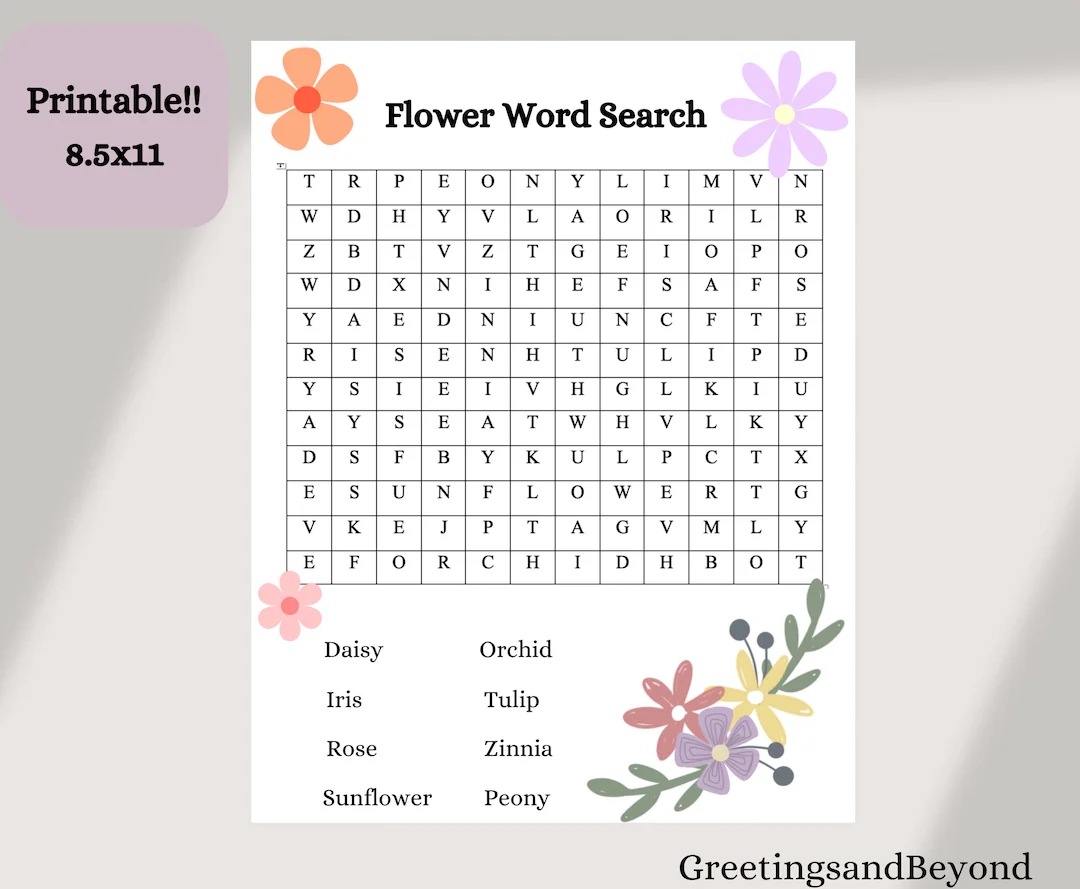 Flower Word Search Printable Digital Download Printable PDF Answer Key Included Etsy