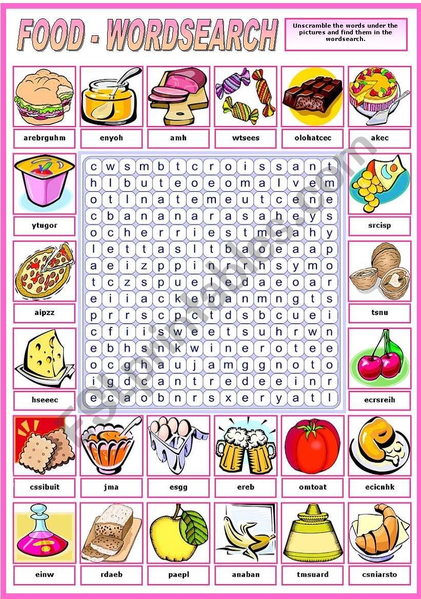 FOOD WORDSEARCH B W VERSION INCLUDED ESL Worksheet By Katiana