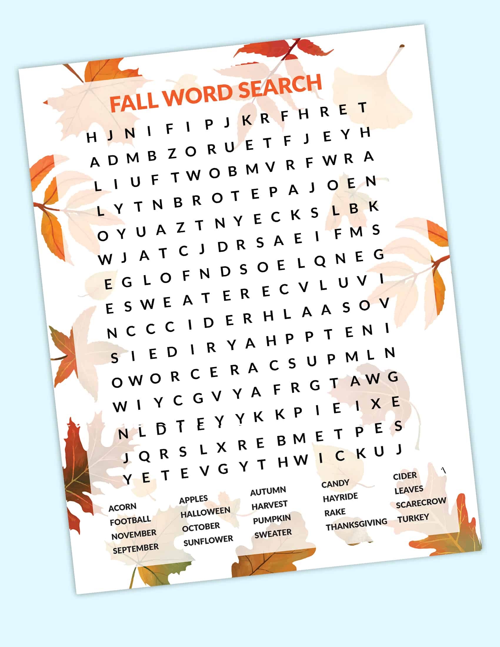 free fall word search printable