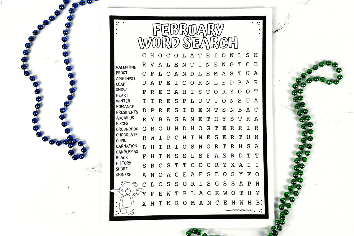 free february word search printable