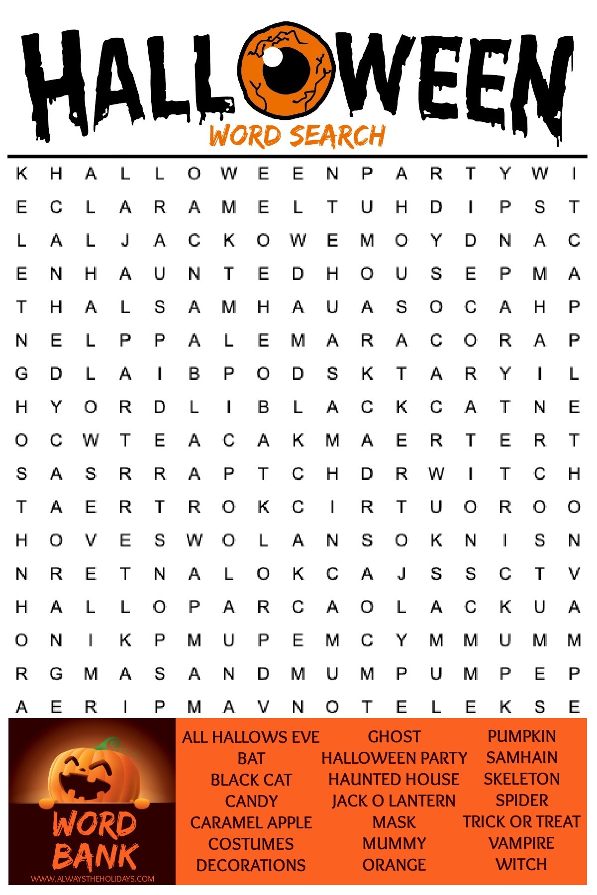 free halloween word search printable with answer key included