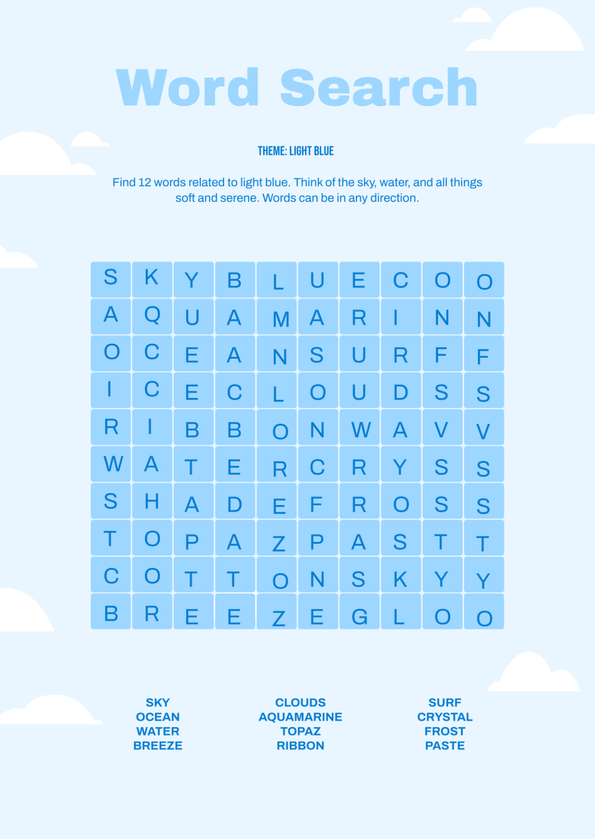 Free Light Blue Word Search Template To Edit Online