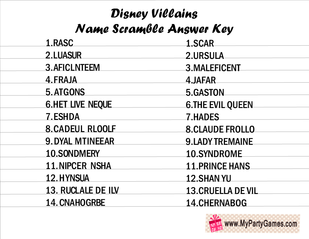Free Printable Disney Villains Name Scramble