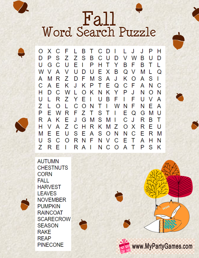 free printable fall word search puzzle with solution