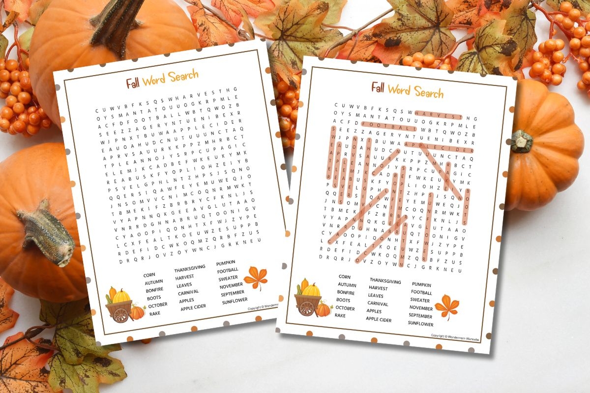 free printable fall word search with answer key