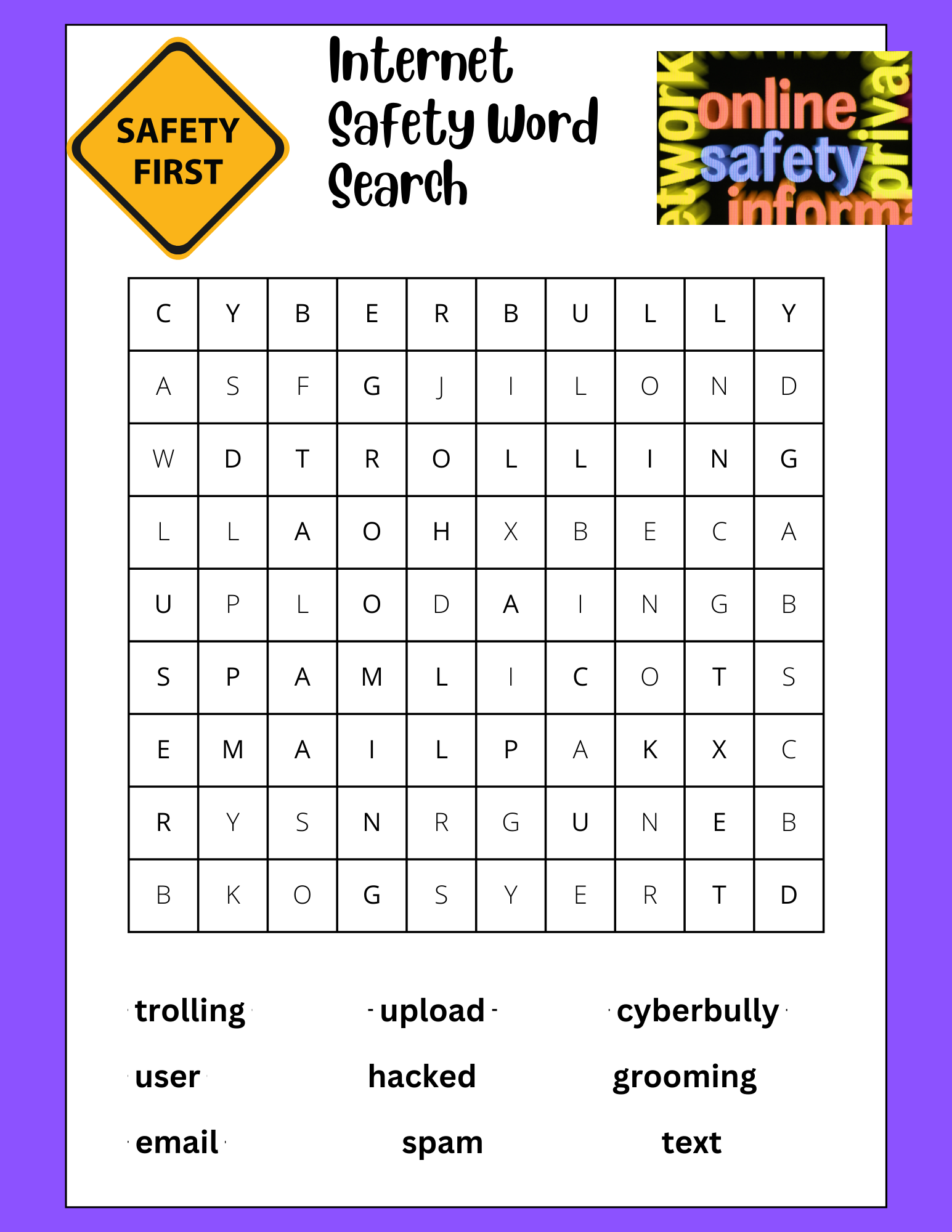 free printable internet safety word search with answer key made by teachers