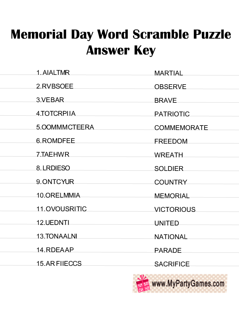 Free Printable Memorial Day Word Scramble Puzzle