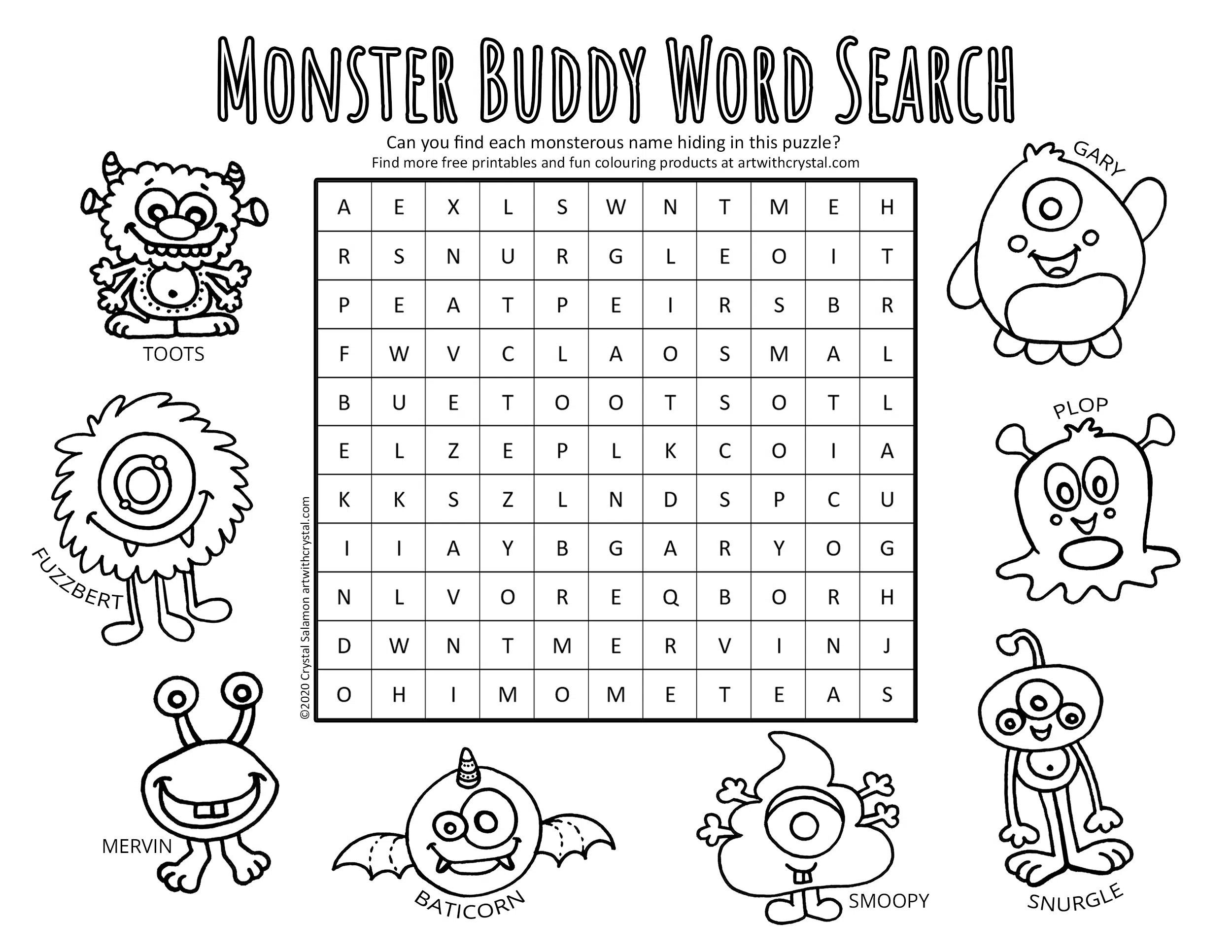 free printable monster word search colouring page game