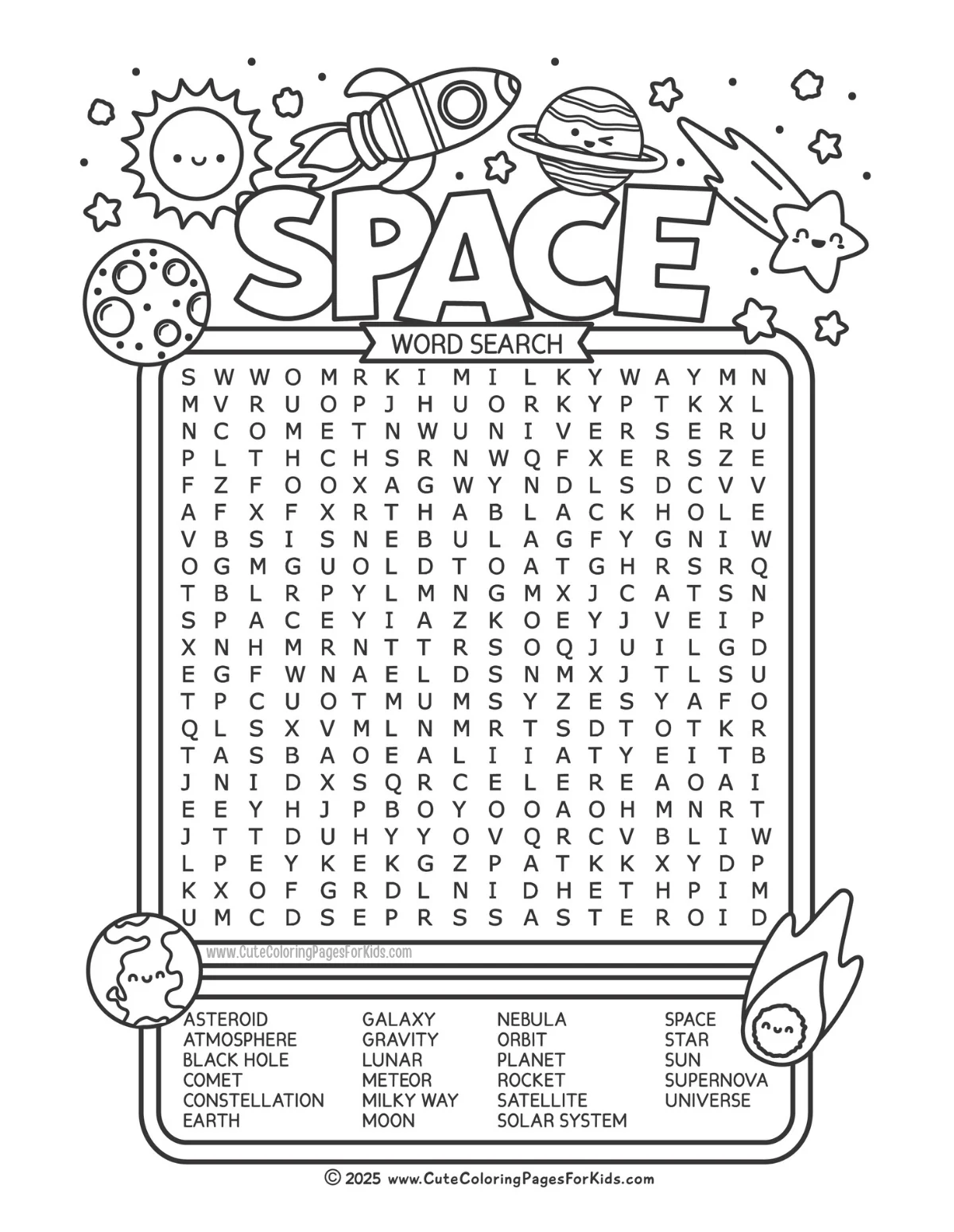 free printable space word search for kids cute coloring pages