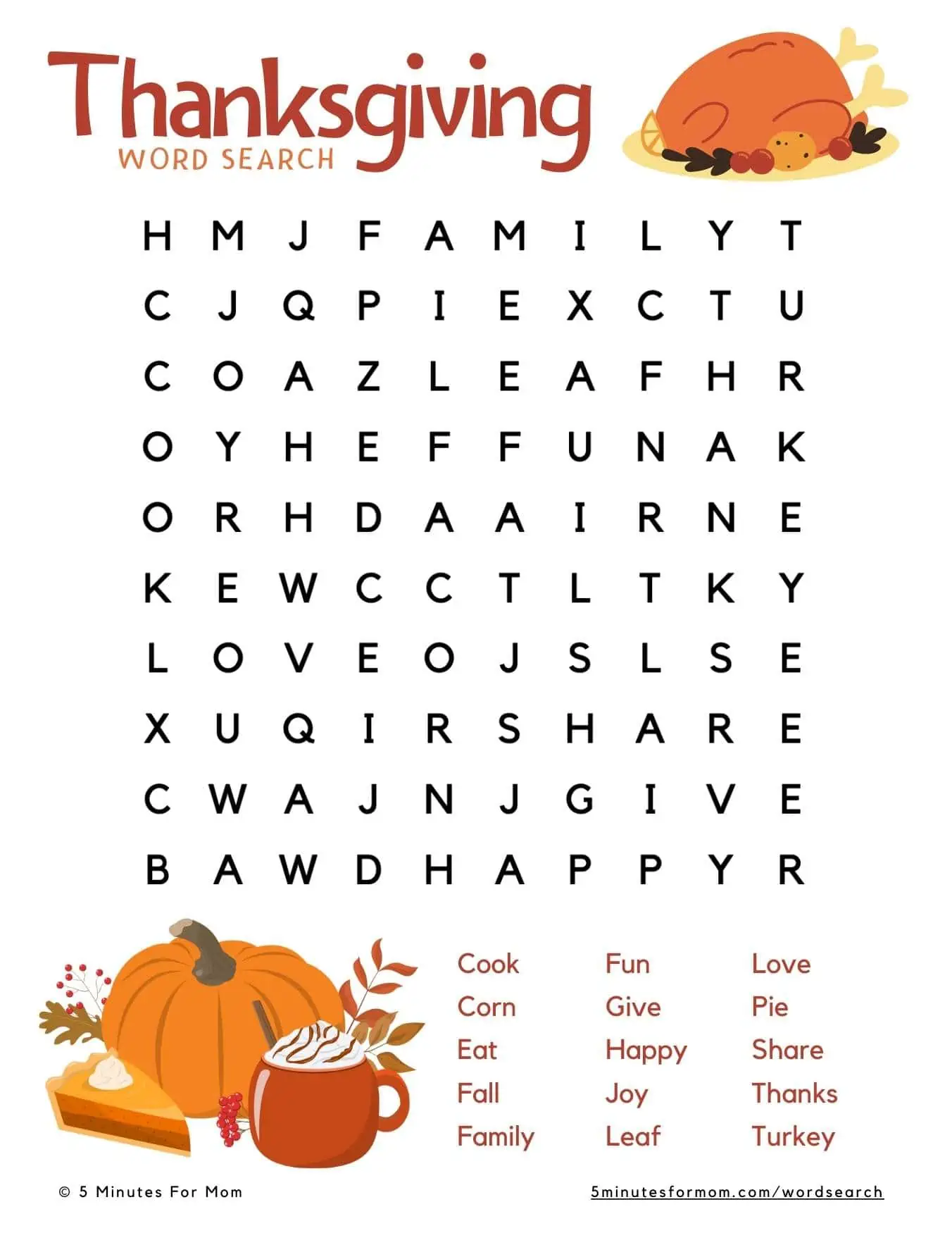 free printable thanksgiving word search for kids