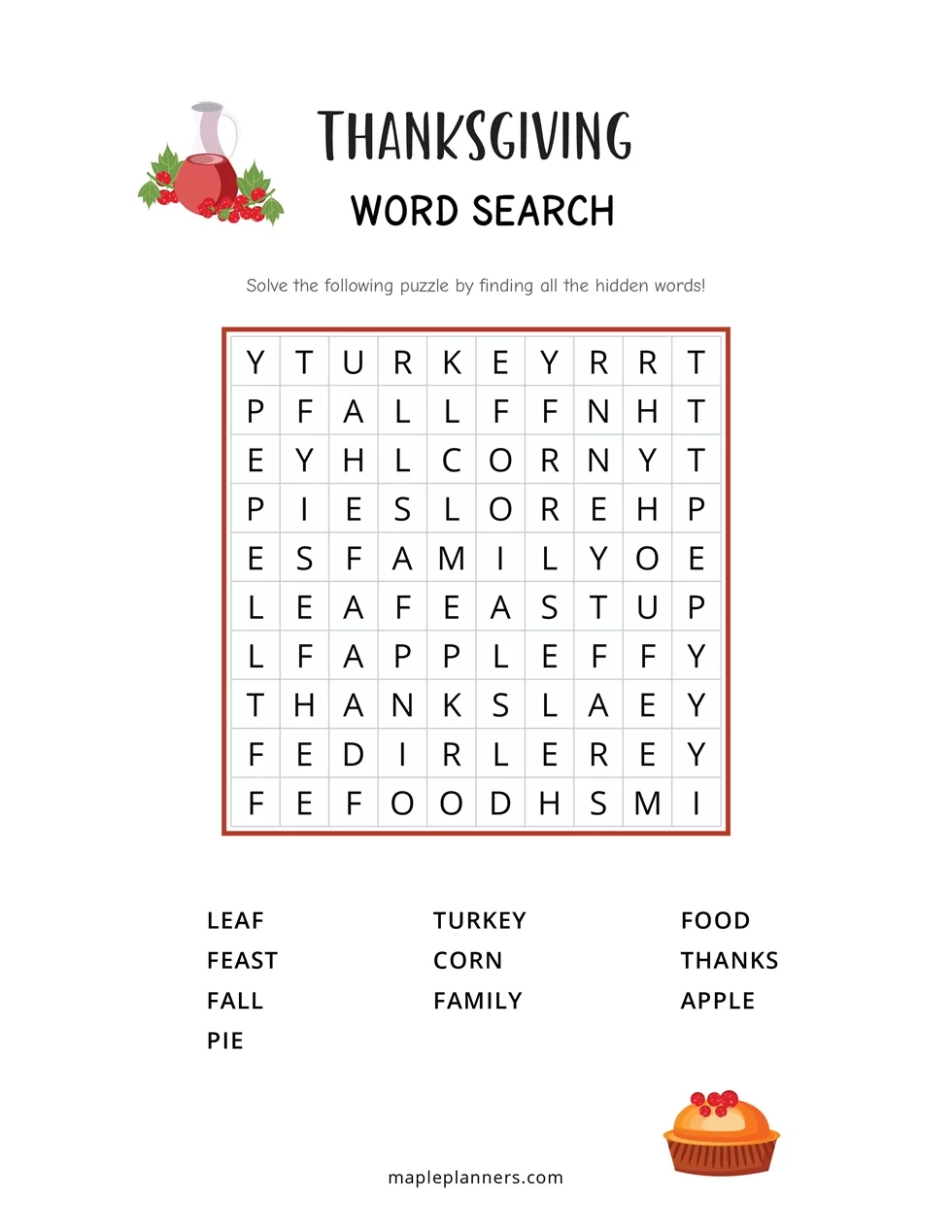 Hard Thanksgiving Word Search