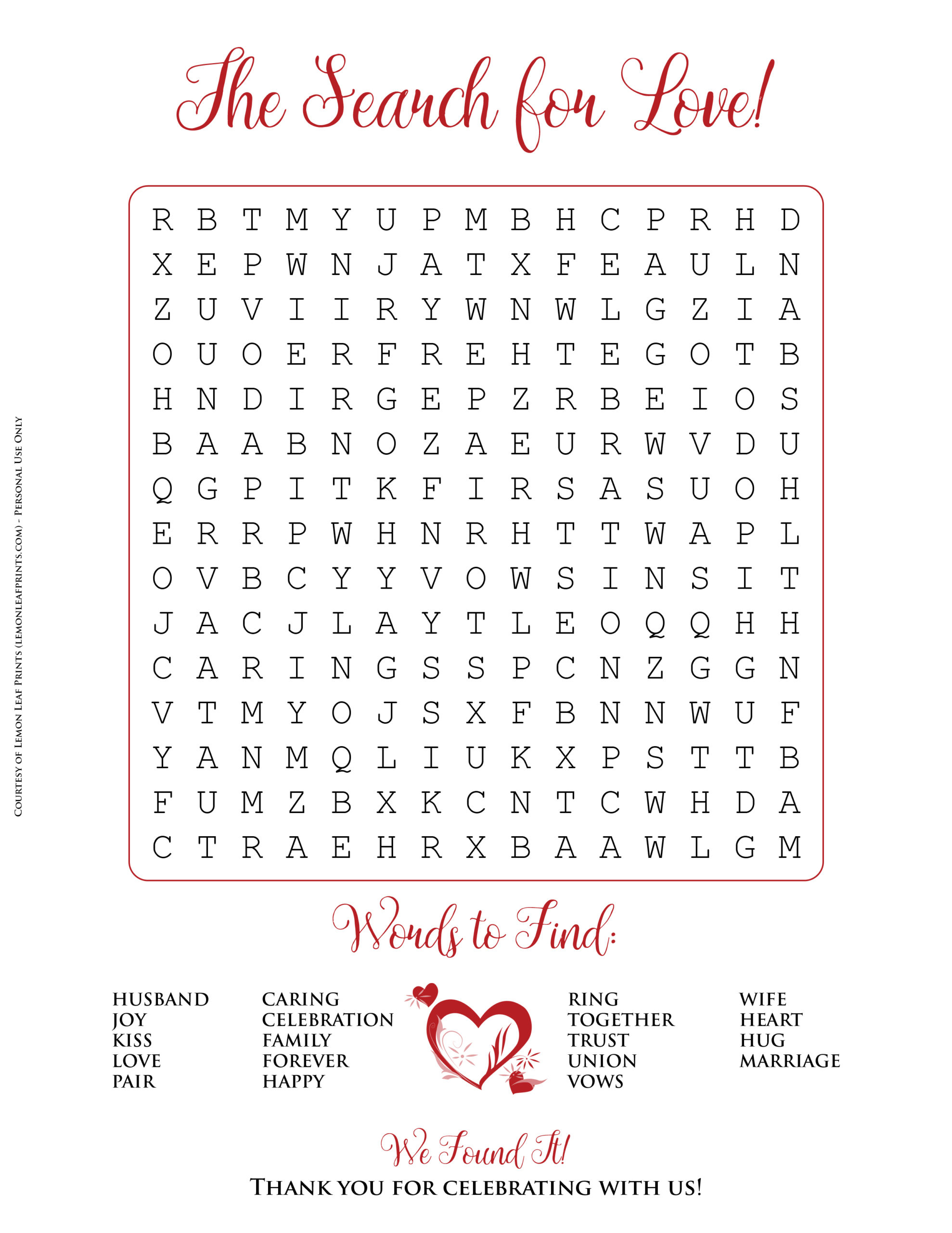 free printable valentine s day or wedding word search puzzle lemon leaf prints