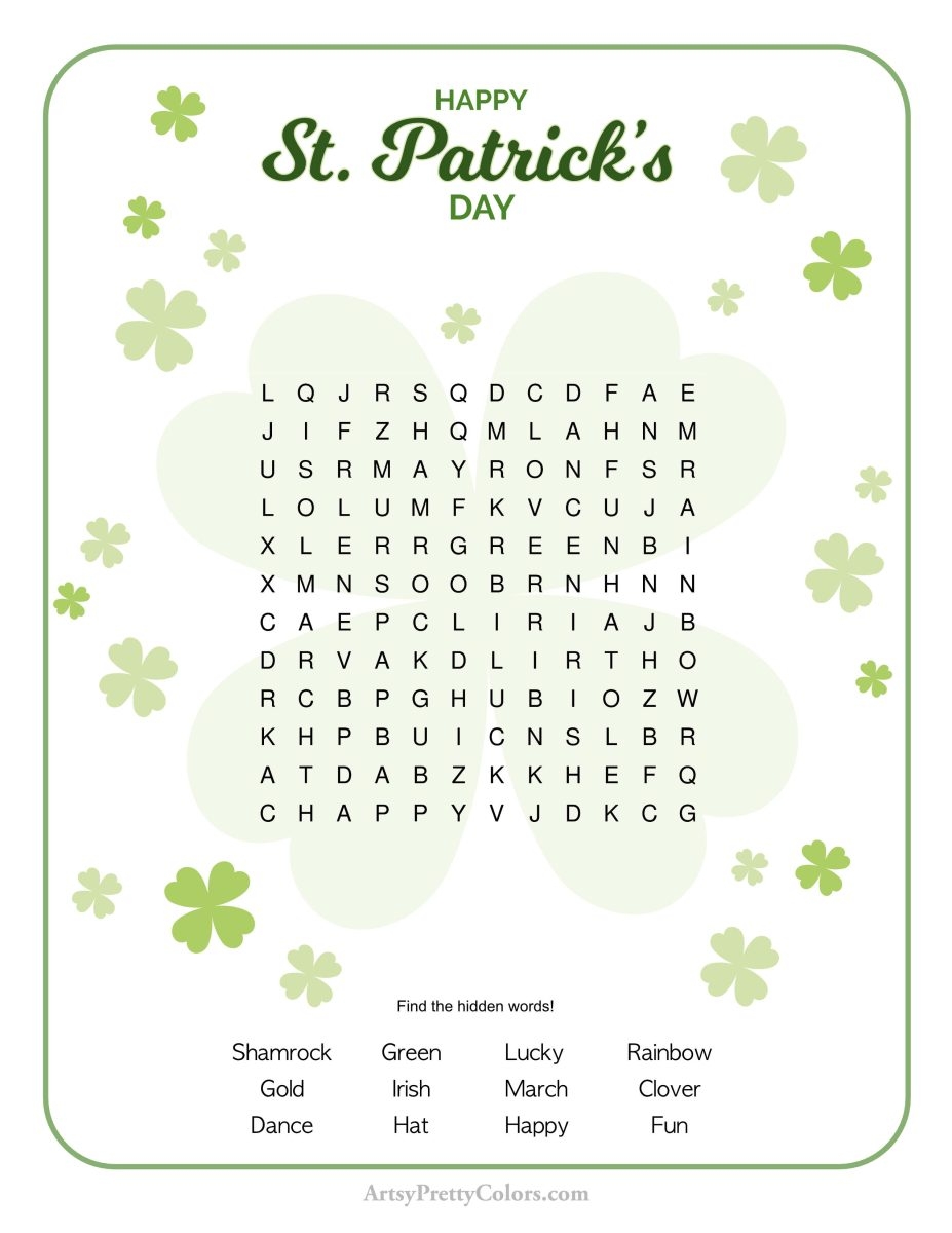 Free St Patrick s Day Word Search Printable Artsy Pretty Colors