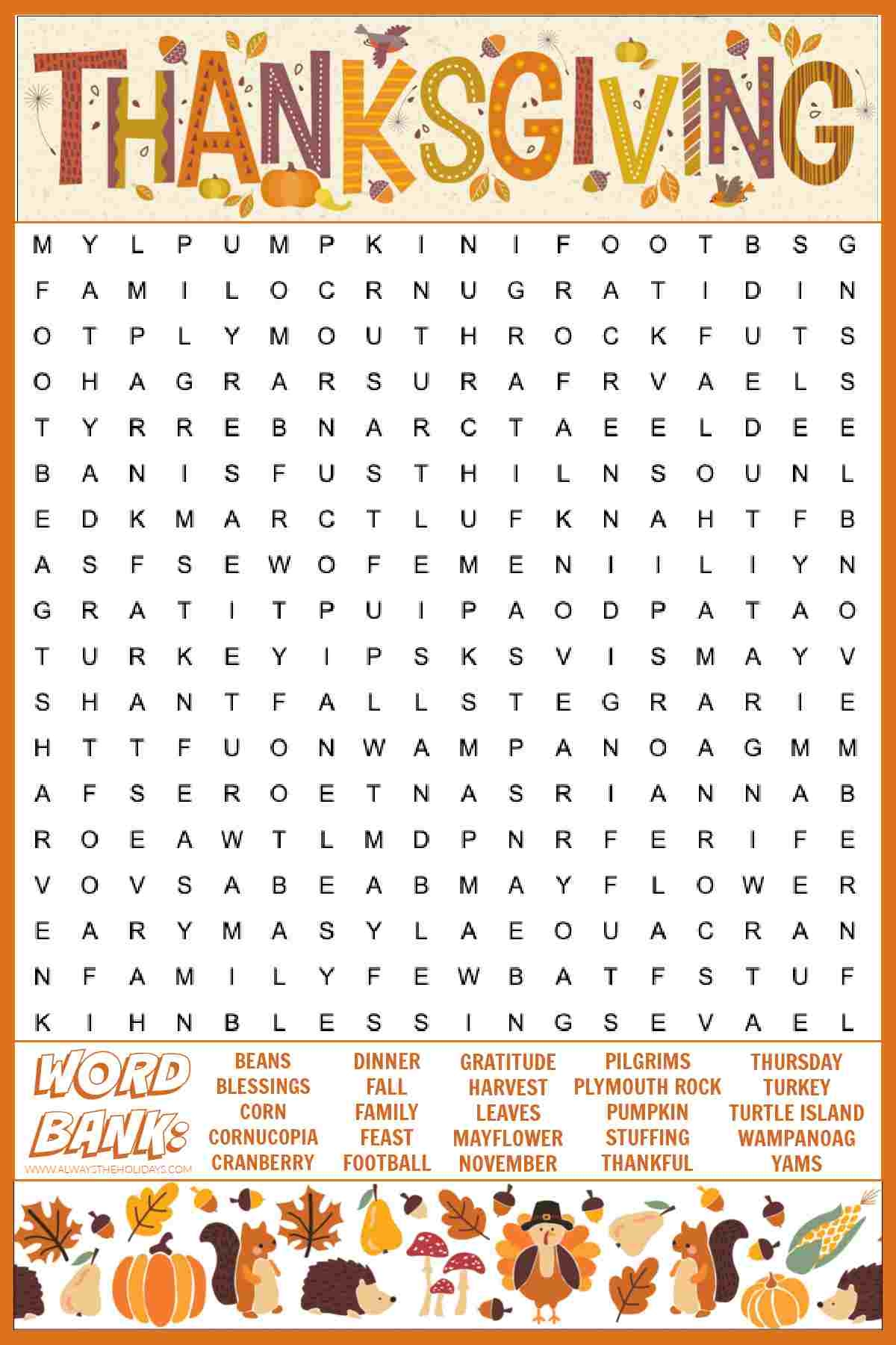 free thanksgiving word search printable with answers included