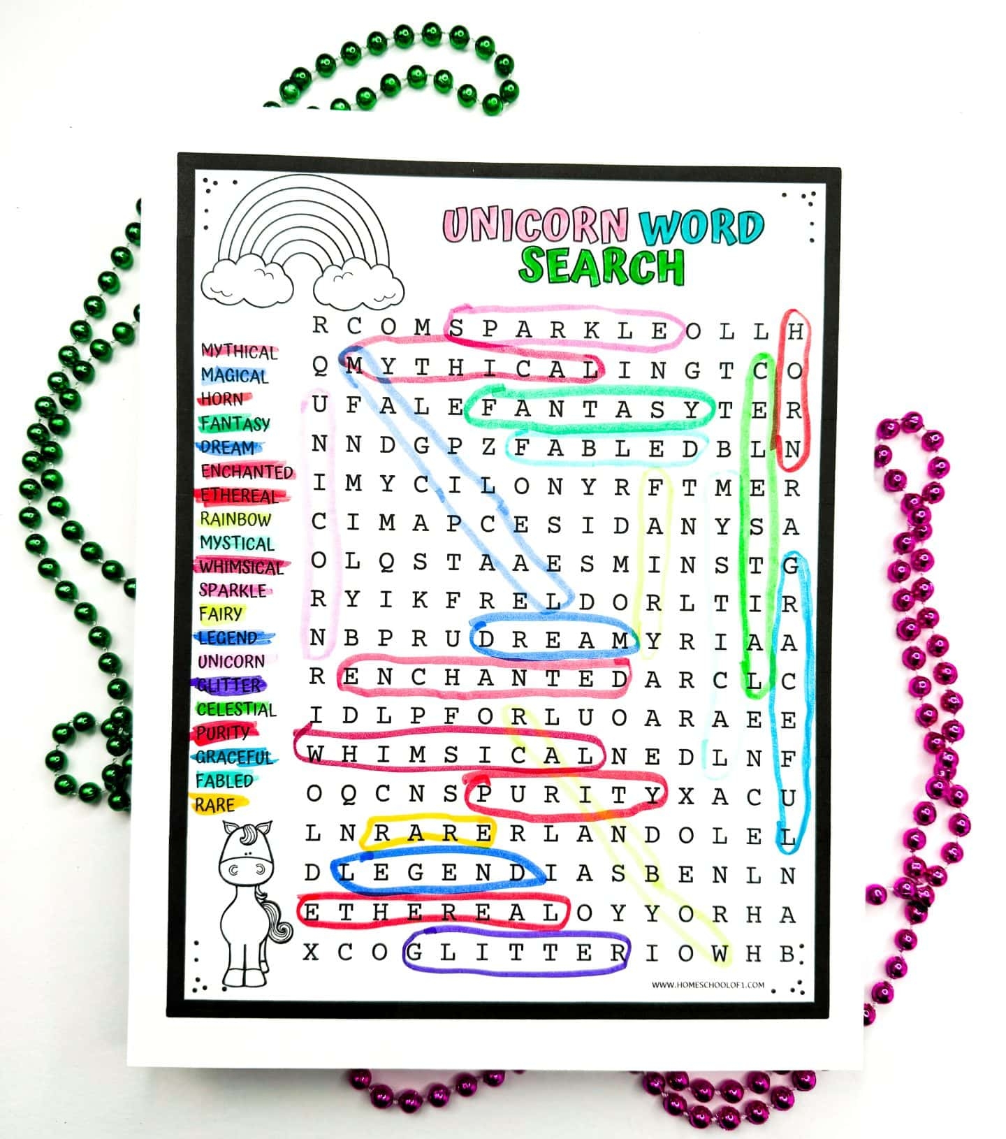 free unicorn word search printable for kids