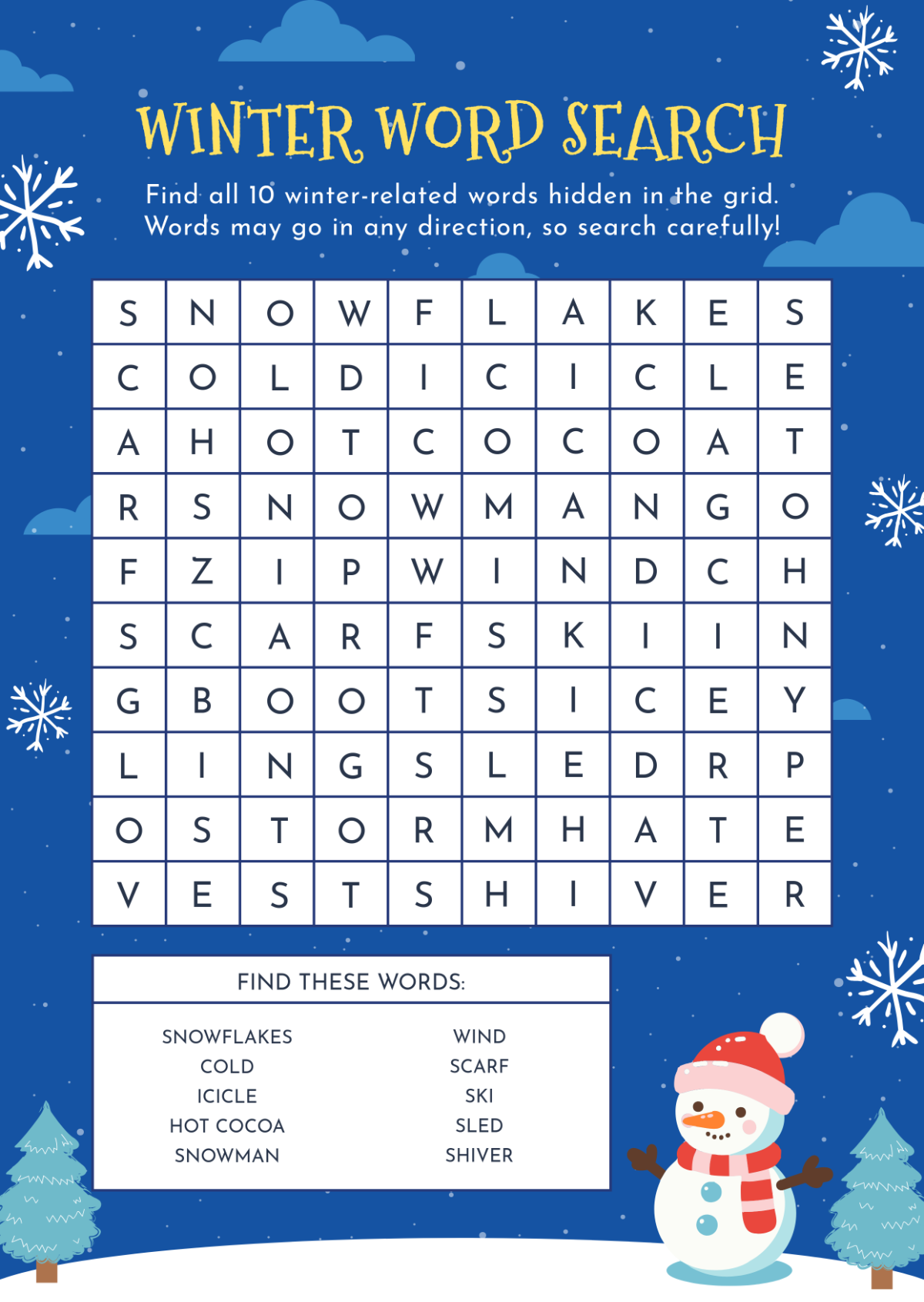 Free Printable Winter Word Search For Kids