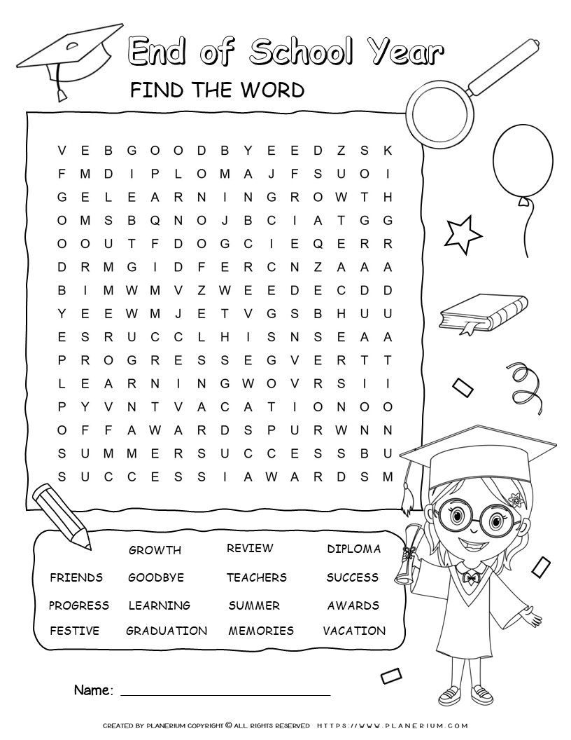 End Of School Word Search Free Printable