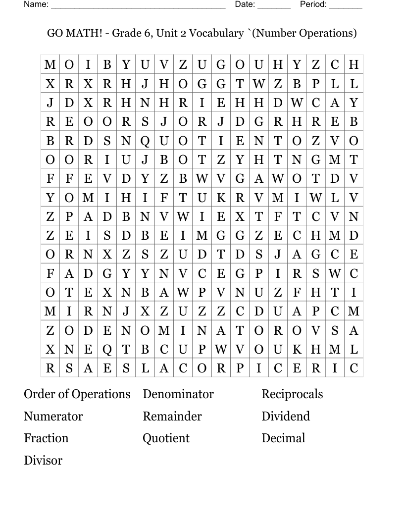GO MATH Grade 6 Unit 2 Vocabulary Number Operations Word Search WordMint