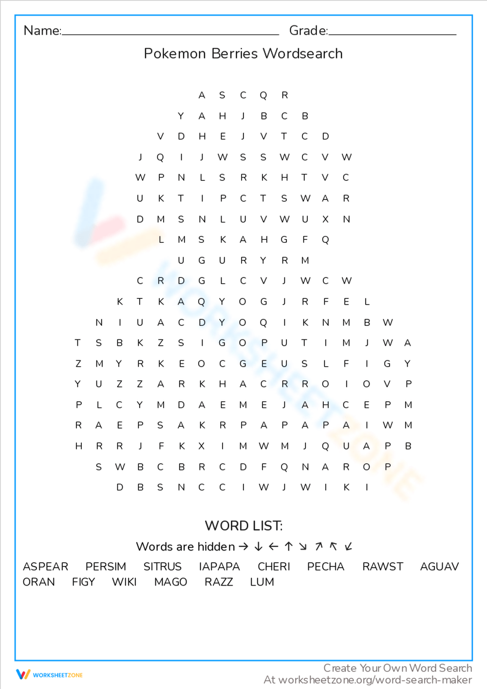 Grade 3 Pokemon Word Search Worksheets